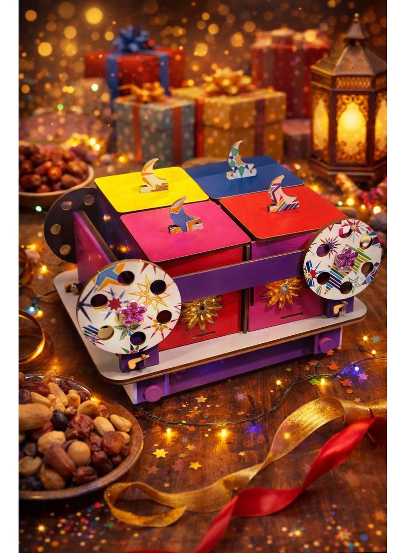 رف توابل خشبي مزخرف لرمضان، مزود بأربعة مرطبانات، لتنظيم الأعشاب والتوابل وتخزينها على سطح الطاولة. - Image 2